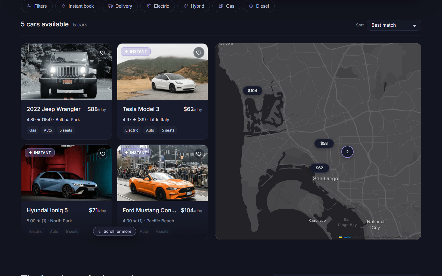 Search, filters and listings on the San Diego map