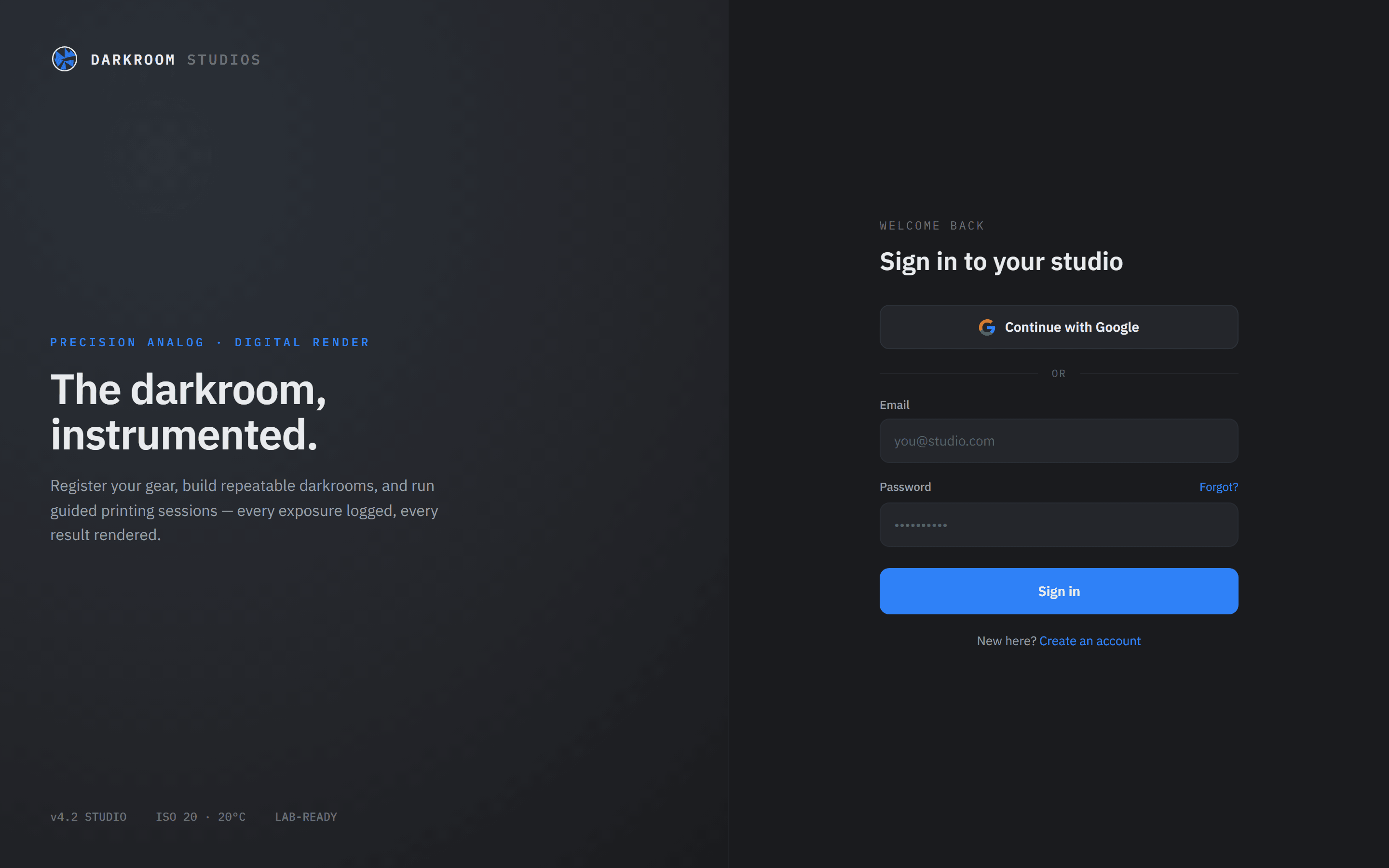 Darkroom Studios sign-in — the darkroom, instrumented