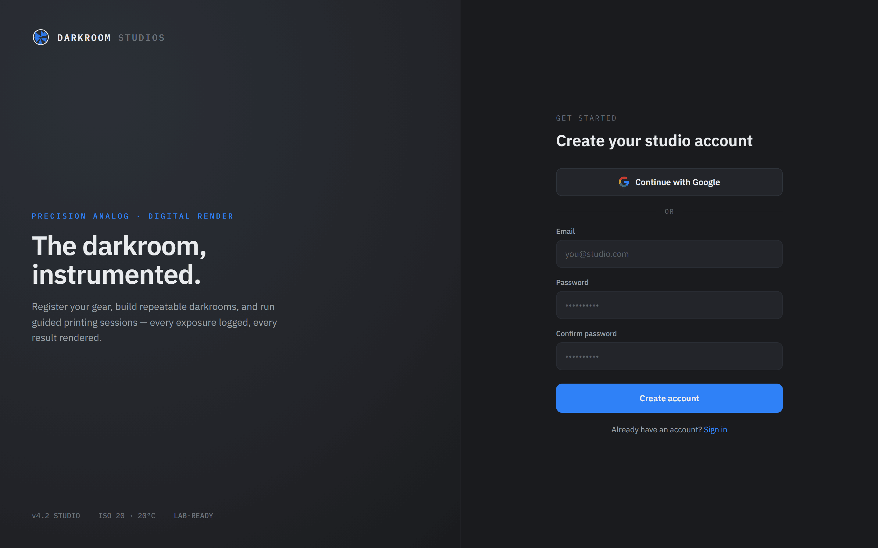 Darkroom Studios account creation