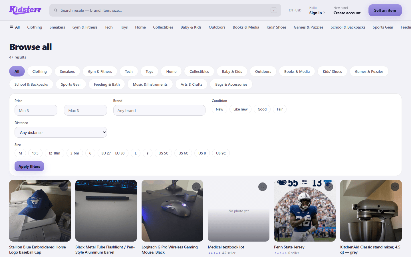 The web marketplace: browse with category, price, condition and distance filters
